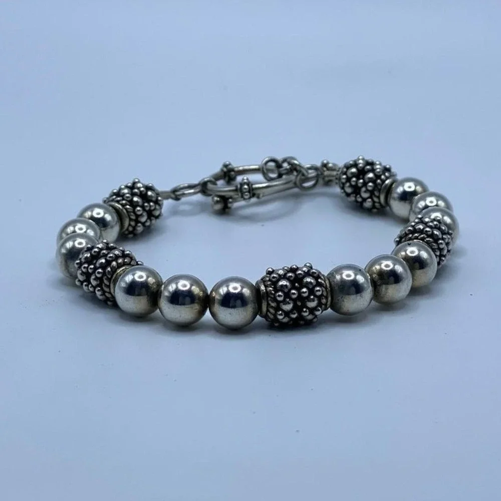 Minimalist Chic Silver Beaded Bracelet Toggle Clasp Bali Style Textured - 7.25